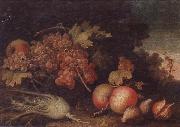 unknow artist Still lifes of Grapes,figs,apples,pears,pomegranates,black currants and fennel,within a landscape setting China oil painting reproduction